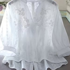 TEMU 우아한 화이트 V넥 블라우스, 세부적인 디테일 및 비즈 액센트 - 여성용 캐주얼 아티스틱 셔츠, 봄/여름/가을에 완벽한 캐주얼 의상|V넥 블라우스|비즈 액센트