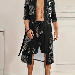 TEMU 남성용 여름 김ono 세트. 드래곤 패턴의 긴 로브, 드로스트링, 기울어진 포켓, 그리고 홈웨어용 매칭 반바지가 특징입니다.|남자반바지|남성반바지|여름잠옷