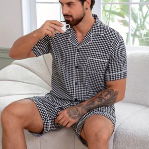 TEMU 남성용 체크무늬 프린트 반팔 숏 로브 세트 2개|남자반바지|남성반바지|여름잠옷