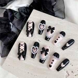 TEMU 여성용 핫 걸 에스테틱 핸드메이드 Y2K 프레스온 네일 10개 세트 - 롱 코핀 매트 인조네일, 3D 리본 & 하트 장식, 핑크 & 블랙 옴브레 디자인