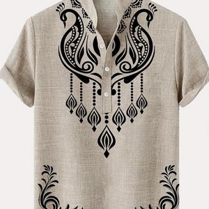 TEMU 남성용 베이지 & 블랙 페이즐리 프린트 셔츠 - 반팔 만다린 칼라 버튼 프론트 클로저, 통기성 여름 중국 스타일 민족 재킷 같은 블라우스, 캐주얼 & 스마트 캐주얼 착용 (세탁기 사용 가능)