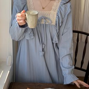 TEMU 여성용 우아한 스타일 긴팔 슬립 드레스 - 부드러운 블루 스퀘어 넥 레이스 트림 나이트가운, 청소년 및 성인용 편안한 원피스 홈웨어, 사계절 라운지웨어, 시각적으로 매력적인 패브릭