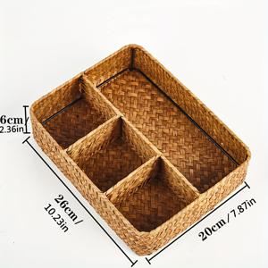 TEMU 1pc 손수 짠 라탄 보관 바구니 - 스낵, 책상 액세서리 및 장식용 다중 컴파트먼트 주최자, 자연 라탄 디자인, 가정 또는 사무실 사용에 적합, 책상 주최자|전통 스타일|직조 텍스처, 바구니 보관