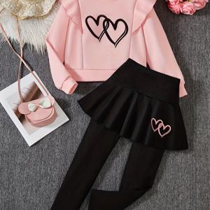 TEMU 패션 캐주얼 하트 프린트 러플 소매 플리스 안감 스웨트셔츠와 스커트 세트, 2피스 가을/겨울 선물, 야외 활동에 완벽, 여자 학교 유니폼 트라우저, 여자 학교 유니폼, 여자 학교 유니폼, 여자 학교 옷, 여자 옷, 여자 드레스, 여자 청소년 옷|가을원피스