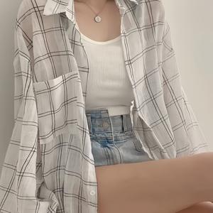 TEMU 가을 여성 우아한 코리안 시크 프렌치 레이지 스타일 턴다운 칼라 루즈핏 얇은 긴팔 체크 선스크린 셔츠 코트