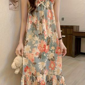 TEMU LLU 여성용 여름 얇은 스트랩 나이트가운, 플로럴 프린트 버블 헴 잠옷, 긴 소매 여성 수면 드레스, 새틴 니트 가운