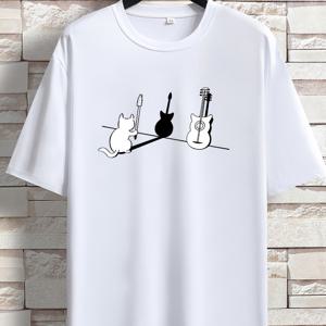 TEMU 남성용 웃긴 고양이 프린트 크루 넥 스트레치 티셔츠, 오버 사이즈 반소매상의, 봄 여름용 플러스 사이즈 캐주얼 의류