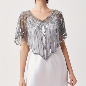 TEMU 1920년대 레트로 비즈 시퀸 플래퍼 쇼울 케이프 - 결혼식 및 저녁 파티용 핸드-플로럴 디자인, 여성용 빈티지 글래머 액세서리, 웨딩 레이어링 피스 | 반짝이는 장식 | 정교한 자수