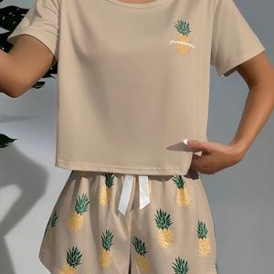 TEMU 여성용 캐주얼 파인애플 프린트 파자마 세트 - 짧은 소매 크루 넥 탑과 매칭되는 반바지, 블랙, 캐주얼한 의상에 적합한 재미있는 과일 패턴 루즈웨어