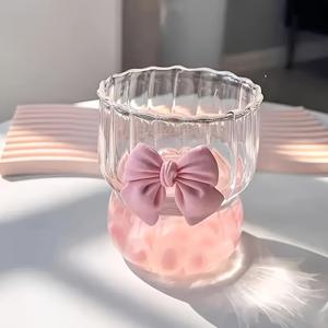 TEMU 1개, 여성스러운 귀여운 리본 유리 컵, 290ml/10oz, 납이 없는 보로실리케이트 유리 컵, 얼음 커피 컵, 주스, 우유, 차, 맥주, 디저트 등에 적합, 여름과 겨울 음료 용기, 데이 선물, 할로윈, 크리스마스, 부활절, 추수 감사절에 완벽한 선택