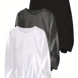 TEMU 3팩 여성용 긴팔 티셔츠, 100% 폴리에스테르 니트 소재, 스커트 핏 크루 넥, 단색 풀로버, 정규 슬리브, 약간의 스트레치, 가을 캐주얼 탑 - 180gsm