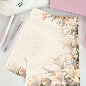 TEMU 릴리 플라워 그리드 레터 종이 패드, B5 1/25/50 장, 화이트 플로럴 노트카드 저널링, 스크랩북, 사무실, 학생 연습, 단면 뜯어내기, 비끈적거림, 초보자를 위한 고가치 선물