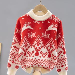 TEMU 크리스마스 여아 스웨터 - 레드 & 눈꽃 & 사슴 패턴, 부드럽고 신축성 있는 니트 라운드넥 풀오버, 겨울 파티, 휴일 외출용, 세탁기 사용 가능, 여아를 위한 축제 선물, 크리스마스 스웨터, 파티 의상, 포근한 의류, 튼튼한 니트