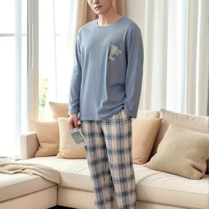 TEMU 1세트 남성 캐주얼 잠옷 세트 - 긴팔 크루넥 폴리에스테르 잠옷, 중간 신축성 니트 원단, 봄/가을용 레귤러 핏 풀오버 - 폴리에스테르 95% 엘라스테인 5%