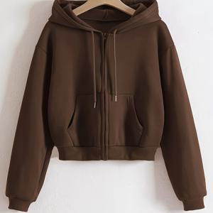 TEMU 여성 캐주얼 지퍼 후드 - 따뜻한 플리스 안감, 긴 소매, 드롭 숄더 디자인, 캥거루 포켓, 단색 갈색, 가을/겨울에 완벽