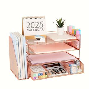 TEMU 서류함과 2개의 펜 홀더가 있는 4단 책상 정리함, 폴더가 있는 종이 편지 트레이 정리함