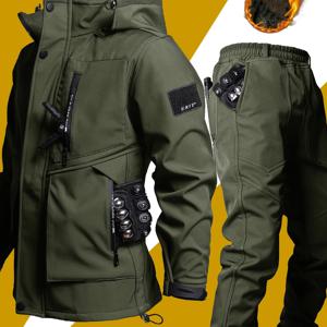 TEMU 남성용 캐주얼 아웃도어 세트: 따뜻한 플리스 안감 방풍 재킷 & 지퍼 후드가 있는 카고 팬츠 - 튼튼한 폴리에스테르, 다양한 포켓, 하이킹 및 캠핑에 이상적|냉장고바지|남자바지|바지