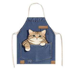 TEMU 포켓에 귀여운 고양이 디자인이 있는 성인용 리넨 앞치마, 민소매 블루 데님 주방복, 집에서 요리 및 베이킹에 이상적, 홈 셰프 복장 | 재미있는 주방복 | 데님 원단