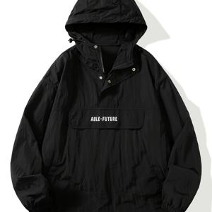 TEMU 남성용 경량 나일론 후드 재킷 - 통기성 좋고 시원한 여름 야외복, 캐주얼 루즈핏 지퍼 포켓, 긴팔 풀오버, 블랙