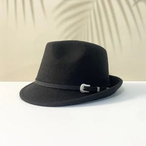 TEMU 밴드가 있는 클래식 블랙 펠트 페도라 모자, 가벼우며 늘지 않는 폴리에스터, 건조 청소 전용 - 우아한 가을 및 겨울 액세서리, 모자 액세서리