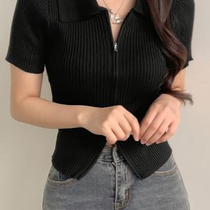 TEMU 단색 반팔 폴로 셔츠, 신축성 있는 여름 지퍼 캐주얼 여성 가디건.