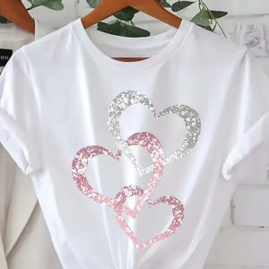 TEMU 여성용 여름 캐주얼 반팔 티셔츠 - 생기발랄한 핑크 그라데이션 하트 프린트, 편안한 라운드 넥, 중간 신축성 있는 통기성 원단, 기계 세탁 가능한 한국 스타일 탑, 글리터 텍스처 하트, 편안한 착용감 셔츠