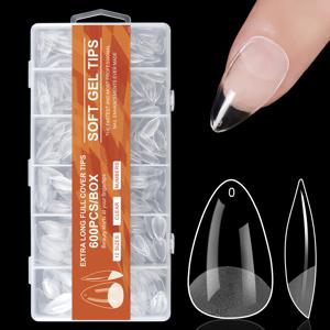 TEMU 600개 짧은 아몬드 아크릴 네일 팁 - 프리폼 세미매트 프레스온 네일, 12가지 사이즈 투명 젤 팁 풀 커버리지, DIY & 살롱용 자연스러운 네일 연장, 네일 액세서리, 뷰티 강화, 정리 보관함 포함