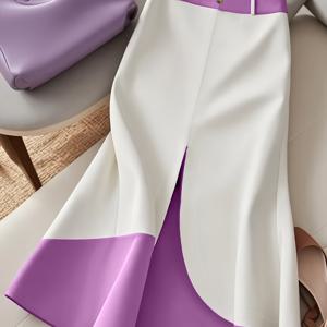 TEMU 여성용 우아한 하이웨이스트 기하학적 플리츠 스커트 - 보라색과 흰색 컬러 블록, 플로우디 디자인, 올시즌 다용도 스타일, 캐주얼 또는 정장적인 행사에 적합, 귀여운 스커트, 여성용 정장 의류, 투명하지 않은 소재