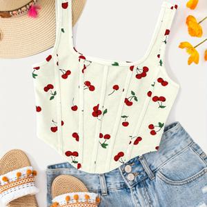 TEMU 여성용 체리 프린트 크롭탑 - 민소매 스퀘어넥 비대칭 밑단 캐주얼 여름 상의, 중간 신축성 통기성 원단 봄 가을 의상, 시즌 패션, 유쾌한 디자인, 편안한 핏