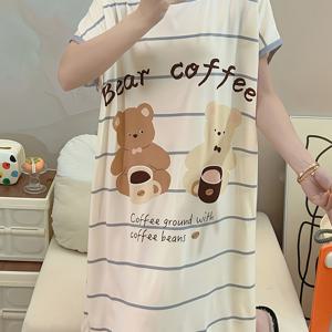 TEMU 여성용 가벼운 반팔 잠옷 - 캐주얼한 줄무늬 곰 커피 그래픽 디자인, 라운드 넥 여름 루즈웨어, 소프트 폴리에스테르 파자마 드레스, 청소년 및 성인용, 캐주얼한 잠옷 | 재미있는 디자인 | 편안한 핏, 여성용 잠옷