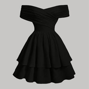 TEMU 여성 오프숄더 러플 헴 드레스 - 레이어드 스커트가 있는 우아한 포멀 & 캐주얼 파티 드레스, 결혼식, 데이트, 캐주얼 복장에 어울리는 핏 - 봄/여름 의상, 웨딩 게스트 의상, 플로이 원단 가운, 데이트 나이트 의상