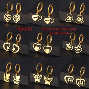 TEMU 2025년 가을/겨울 중동 여성용 트렌디한 속이 빈 디자인의 우아하고 미니멀한 스테인리스 스틸 하트 모양 및 나비 펜던트 귀걸이 6종 세트. 여자친구에게 선물하기에 완벽한 데일리 착용을 위한 고급스러운 디자인.