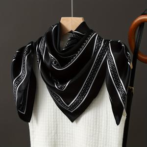 TEMU 우아한 블랙 앤 화이트 기하학적 프린트 스퀘어 스카프, 35.43x35.43 인치 - 여성용 경량, 통기성, 스타일리시한 목걸이, 캐주얼 또는 공식적인 기회에 적합, 캐주얼 액세서리 | 기하학적 패턴 | 폴리에스터 원단