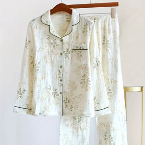 TEMU 여성용 달콤한 버블 플로럴 프린트 긴팔 파자마 세트 - 캐주얼 라펠 칼라, 가벼운 폴리에스터, 모든 계절 착용, 녹색과 흰 꽃이 있는 생동감 있는 녹색, 편안한 라운지웨어 | 편안한 핏 상의 및 바지 | 폴리에스터 원단