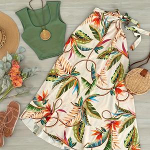 TEMU 세련된 녹색 슬리브리스 탑 & 열대 프린트 랩 스커트 세트 - 오프숄더, 레이스업 디테일, 폴리에스터, 봄/여름에 완벽한, 캐주얼한 의상|열대 프린트 스커트|폴리에스터 원단