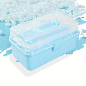 TEMU 1개 다색 접이식 핸들 플라스틱 수납함 3단 대용량 아트 및 공예 정리함 - 화장품, 도구, 문구류 보관에 적합, 블루