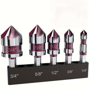 TEMU 금속, 목재 및 플라스틱 드릴링용 82도 각도와 1/4인치 육각 샹크가 있는 5개 세트 코발트 합금 카운터싱크 드릴 비트 - 포함 사이즈 1/4인치, 3/8인치, 1/2인치, 5/8인치 및 홀더