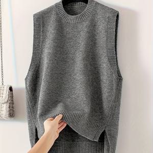 TEMU 여성용 우아한 민소매 니트 조끼 - 미디엄 길이, 루즈핏 사이드 슬릿, 크루 넥, 리브 텍스처, 솔리드 그레이, 캐주얼 또는 시크한 룩에 완벽, 다용도 의류, 크루 넥 베스트