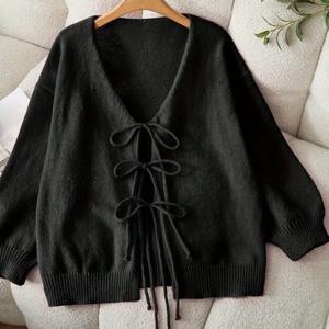 TEMU 플러스 사이즈, 플러스사이즈 여성용 V넥 타이 프론트 가디건 - 블랙 롱 슬리브 오픈 프론트 스웨터, 리본 장식, 편안한 루즈핏 가을 겨울 패션, 중간 신축성 원단
