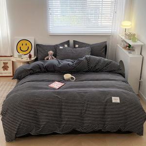TEMU 4pcs 퀼트 세트 (1 퀼트 커버 + 1 침대 시트 + 2 베개 커버, 퀼트 코어 제외), 블랙 앤 화이트 라인 프린트 침구 세트, 부드럽고 편안한 네季 퀼트 커버, 침실 및 게스트 룸에 적합|베개커버