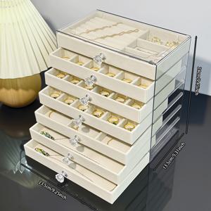 TEMU 1개 우아한 7단 대용량 보석 정리함, 부드러운 플란넬 안감 - 팔찌, 목걸이, 귀걸이, 반지용 연청색 플라스틱 보관 케이스 - 안전 잠금장치가 있는 멀티컴파트먼트 디자인, 클래식 옥타곤 모양의 화장대 또는 책상용 보석 상자, 패브릭 라이닝 서랍, 보석 상자|화장대