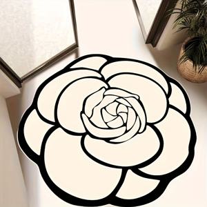 TEMU 고급 벨벳 장미 패턴 매트 - 850g/m², 세탁기 사용 가능, 부드럽고 내구성 있는 폴리에스터, 거실, 침실, 현관용 대형 및 소형 사이즈 - 우아한 블랙 앤 화이트 디자인, 침실 장식 | 우아한 홈 데코 | 세탁기 사용 가능한 매트, 거실용 러그