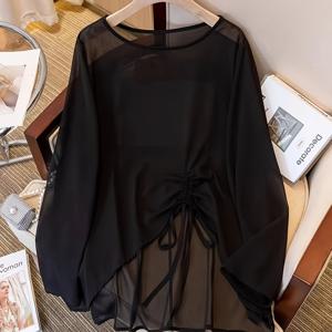 TEMU 플러스 사이즈, 여성용 플러스 사이즈 새로운 디자인 드로스트링 긴팔 쉬폰 셔츠, 탱키니 드레스 비키니용 독특한 세미-시어 탑 커버업, 수영장 옆 의상,휴가용 의류,우아한 블라우스,스타일리시 커버업,통기성 소재,가벼운 원단,캐주얼 블라우스,다용도 탑,커비 패션,휴가 필수품|수영복|쉬폰원피스|비치웨어