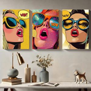 TEMU 3개 세트 생동감 넘치는 팝 아트 여성 캔버스 프린트 - 소나무 프레임 포함, 거실/침실/사무실용 대담하고 스타일리시한 장식, 걸 준비 완료, 40 x 13cm x 60.45cm, 목재 액자 | 팝 아트 프린트
