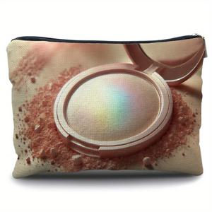 TEMU 1pc 휴대용 리넨 메이크업 가방, 진주 광택 고급 파우더 및 거울 - 재사용 가능한 화장품 정리함, 여성용 지퍼 여행용 화장품 가방, 그녀에게 선물, 브러시, 립스틱, 아이섀도우, 메이크업 브러시를 위한 다용도 보관함