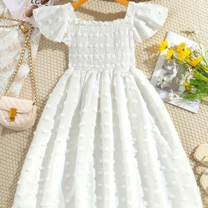 TEMU 여아용 여름 드레스 2025 신상품 - 우아한 화이트 드레스, 프릴 소매 및 층식 스커트, 신축성이 없는 소재, 야외 놀이 및 캐주얼 외출에 적합, 여아용 드레스, 놀이하는 젊은이의 패션, 장식용 리본 디테일
