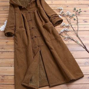 TEMU 여성용 우아한 플리스 안감 중간 길이 코트 - 버튼 프론트가 있는 루즈핏 긴 소매, 단색 브라운, 가을/겨울에 완벽한, 아늑한 아우터웨어 | 버튼다운 코트 | 플랙트 클로저