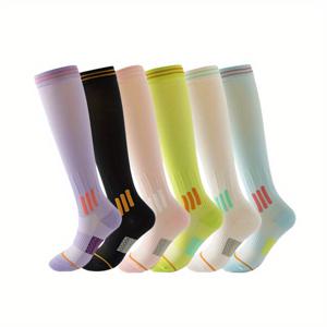 TEMU 여성용 여름 압축 러닝 양말 4켤레 - 무릎 위로 올라가는 통기성 있는 직물, 기하학적 패턴, 흰색과 분홍색 및 다양한 색상의 , 체육관, 훈련, 캐주얼 착용을 위한 디자인 - 운동, 체육관 신발, 운동복, 내구성 있는 구조, 피트니스 애호가를 위한 기계 세척 가능한 현대 양말|운동화|런닝화|러닝화