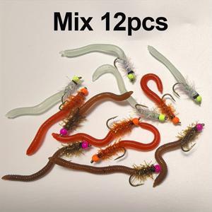 TEMU 4/12개 세트 UV/발광 황동 헤드 시뮬레이션 지렁이 플라이 - 탄소강 소재, 혼합 색상, 현실적인 빨간색과 초록색 지렁이 패턴, 송어, 연어, 블루길, 잉어 등 민물 및 바다 낚시에 적합한 리얼리틱 미끼