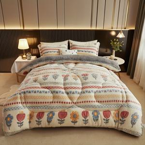 TEMU 2025년 꽃무늬 퀼트 커버 - 중간 무게의 우유 벨벳, 생동감 있는 빨간색과 파란색 꽃무늬, 모든 계절에 사용할 수 있는 기계 세척 가능한 침구, 아늑한 집을 장식하는 침구 커버, 아늑한 침실 액세서리, 스타일, 부드러운 질감